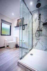 a bathroom with a glass shower with a tub and a toilet at Opulent, relaxing home with Hot Tub in Fochabers