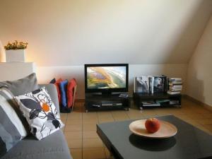 a living room with a couch and a tv at Aalreuse in Wieck