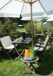 a picnic table and chairs under an umbrella at Aalreuse in Wieck