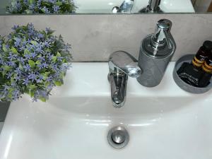 a sink with a faucet and a plant on it at Agios Eleftherios metro st. 2 bedrms 4 pers. flat in Athens