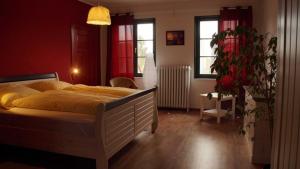 Sandau的住宿－Zum Veltenhaus，一间卧室配有床、植物和窗户