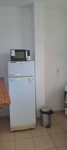 a microwave sitting on top of a refrigerator at Sol y Malbec Departamentos in Guaymallen