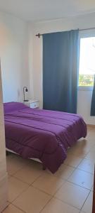 a purple bed in a room with a window at Sol y Malbec Departamentos in Guaymallen