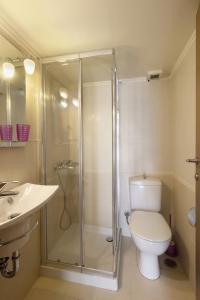 łazienka z prysznicem, toaletą i umywalką w obiekcie 3BR Prime APT a breath away from the Acropolis! w Atenach +20 zdjęć