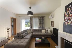 salon z kanapą i telewizorem w obiekcie 3BR Prime APT a breath away from the Acropolis! w Atenach