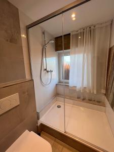 a bathroom with a shower and a toilet and a window at FineApartment Borgstedt in Borgstedt
