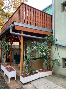 eine Terrasse mit einer Holzterrasse und einigen Pflanzen in der Unterkunft Bessemer in Wien