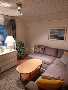 a living room with a couch and a table at Koskentien kotimajoitus & Luxury Glamping in Jämsä