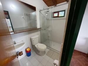 a bathroom with a shower and a toilet and a sink at El Gran Mirador in Buenavista