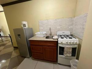 a kitchen with a stove top oven and a sink at Pista Q hostel and apartments in Oranjestad