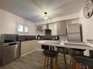 a kitchen with a counter and a refrigerator and a sink at Le Familial - Calme et convivial in Meythet