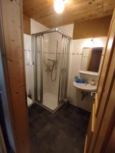 uma casa de banho com um chuveiro e um lavatório. em Fluenerhof em Fleres