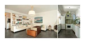 a living room with white furniture and a kitchen at Morfia Villas in Piso Livadi