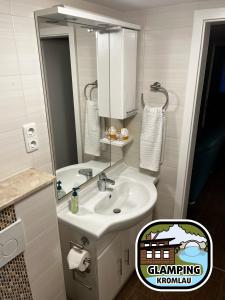 a bathroom with a sink and a mirror at Glamping Kromlau in Gablenz
