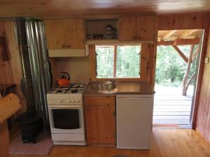 a kitchen with a stove and a sink in a cabin at Cosy cabane in Montbrun-Bocage