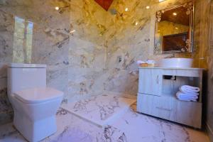 a marble bathroom with a toilet and a sink at Wangnoo Heritage Houseboats in Srinagar