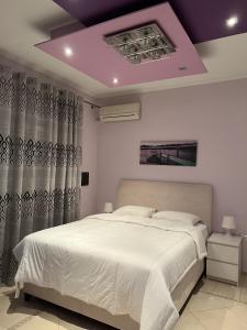 ein Schlafzimmer mit einem weißen Bett und einer violetten Decke in der Unterkunft Piraeus Cozy in Piräus