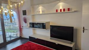 a living room with a television and a red rug at Sky-Romantic-Room in Augsburg