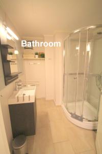 een badkamer met een douche en een wastafel bij Herøya Porsgrunn Apartment in Porsgrunn