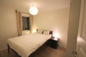 a bedroom with a bed and a chandelier at Herøya Porsgrunn Apartment in Porsgrunn