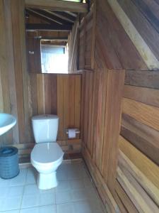 a bathroom with a toilet in a wooden wall at Casa de Barro Ecodomo in Los Santos