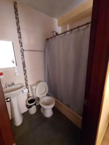 een badkamer met een toilet, een wastafel en een douchegordijn bij Hotel Residencial Miraflores in Loja