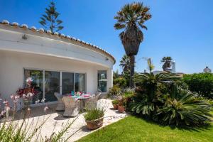 una casa con un patio con una palmera en Casa Piranhas, en Carvoeiro