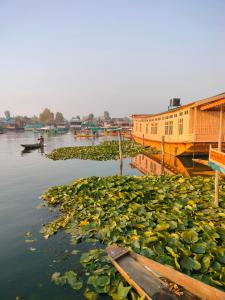 a body of water with lily pads and buildings at Lala Rukh Group Of Houseboats in Srinagar