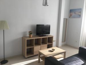 uma sala de estar com uma televisão num suporte de madeira em Apartamentos El Palo em Málaga