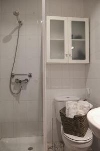 een badkamer met een douche, een toilet en een wastafel bij La casina de cori in Luarca