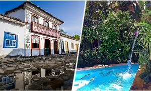 two pictures of a house and a swimming pool at Pousada Arte Colonial - Casarão Histórico do Séc XVIII - Lancha Própria in Paraty +123 photos