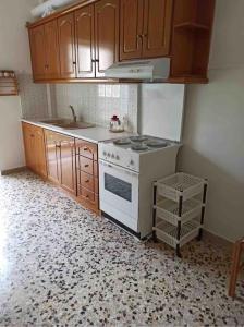a kitchen with a white stove and wooden cabinets at MARIAS APARTMENT SMART KEY BOX by PROJECT 86 IKE in Agrinio