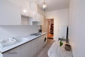 a kitchen with white cabinets and a sink and a refrigerator at VILLA ILIXON - Appartements privés proche du centre de Luchon, parking, billard, jardin in Luchon +93 photos