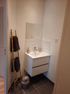a bathroom with a white sink and a mirror at Chez collette in Chablis +39 photos
