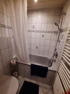 uma casa de banho com uma banheira, um WC e um chuveiro em Ferienwohnungen Calwer Höfle City - für Firmen, Handwerker und Monteure em Calw