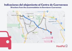 a map with a car and a taxi at Casa Fujiyama Relax y Alberca bajo el sol in Cuernavaca