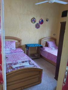 - une chambre avec 2 lits, une table et des plaques murales dans l'établissement Otasho Nile view house, à Assouan