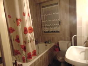 a bathroom with a shower curtain with red flowers on it at Maison dans un cadre de verdure in Saverne