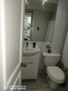 uma casa de banho com um WC, um lavatório e um espelho. em Departamento Reñaca em Viña del Mar