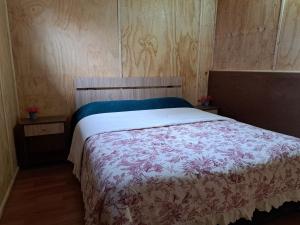 een slaapkamer met een bed met een bloemenbed bij Cabaña Don Ricardo in Coihaique