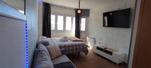 a bedroom with a bed and a tv on the wall at ARTTYFAL ESTUDIO CON VISTAS y ENCANTO in Sierra Nevada