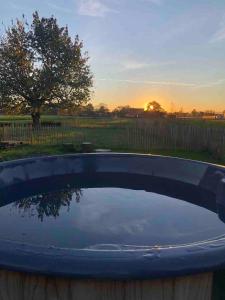 une réflexion sur le coucher de soleil dans un trampoline dans l'établissement Villa veld en velo, à Brée