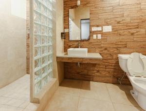 a bathroom with a toilet and a sink and a mirror at Auto Hotel Las Maravillas in Santa Cruz Xoxocotlán