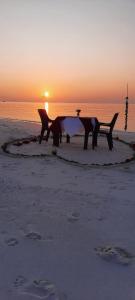 eine Bank am Strand mit Sonnenuntergang im Hintergrund in der Unterkunft Rashuthere Maldives in Rasdu