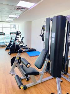 a gym with several tread machines in a room at Jewellery Homes in Continental tower Dubai Marina in Dubai
