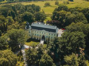 an aerial view of a mansion with trees at Hotel Zamek Chałupki in Ruderswald