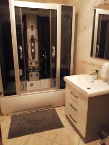 een badkamer met een wastafel en een douche met een spiegel bij Agroturystyka Sajkiewicz in Suchowola