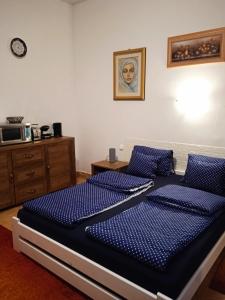 a bedroom with two beds with blue pillows at Harmony Vendégház Egerszalók in Egerszalók