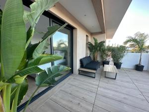 een patio met planten en een stoel op een gebouw bij Dolce Vita in Fréjus