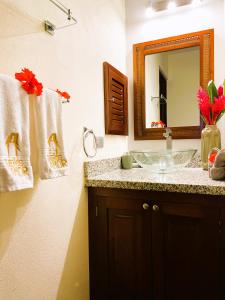 a bathroom with a sink and a mirror at Sueños de Amor! Hermoso y Acogedor lugar in Quepos